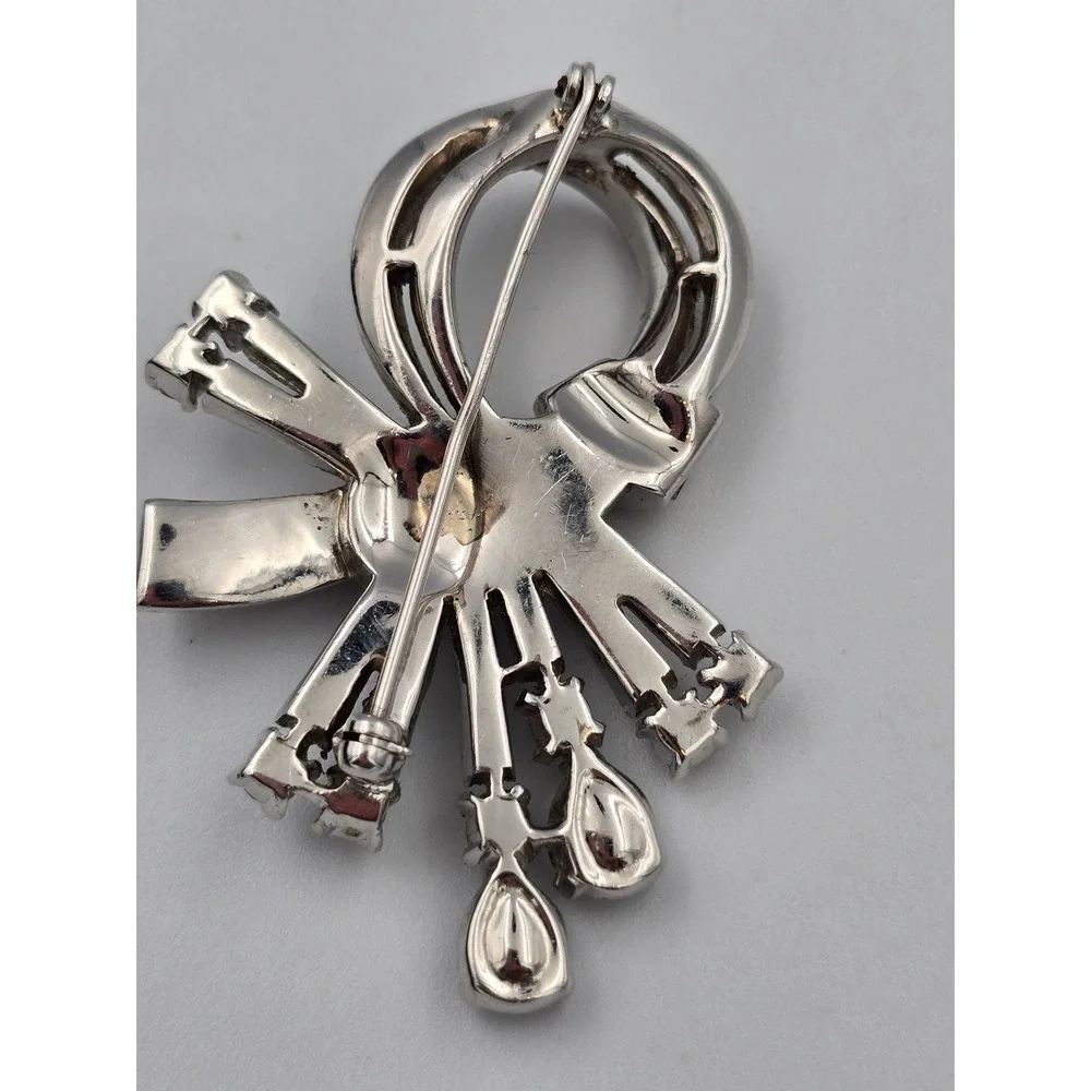 Vintage Rhinestone Bow Brooch Pin Silver Tone Clear Champagne‎ Baguette Round